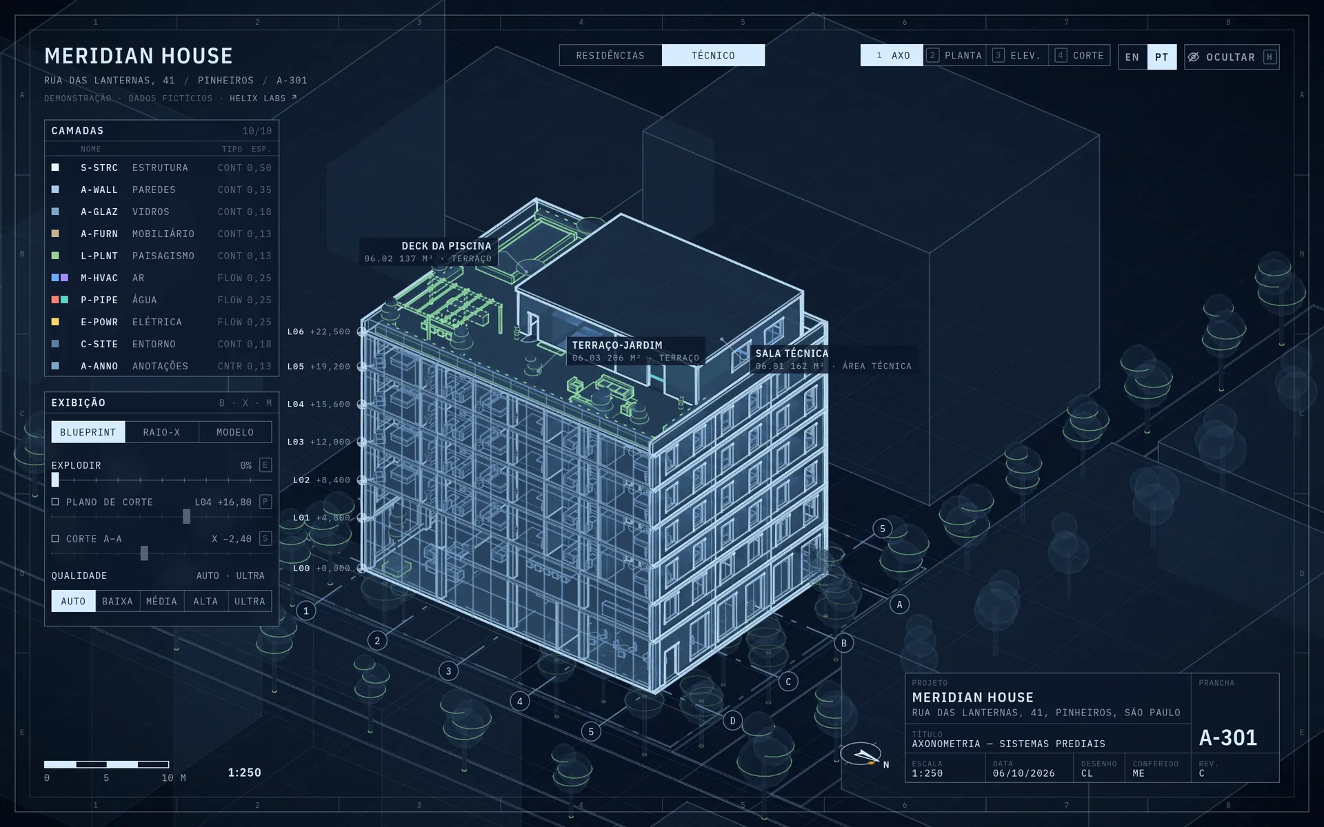 O prédio em modo blueprint, com camadas de estrutura, paredes, vidros e instalações.